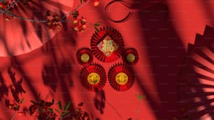 um fundo vermelho com decorações orientais e flores