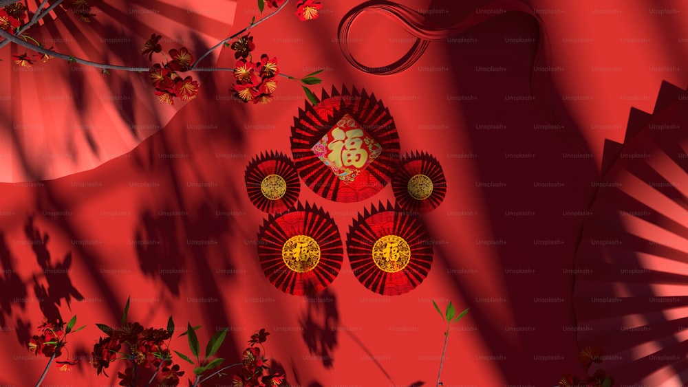 동양 장식과 꽃이 있는 빨간색 배경