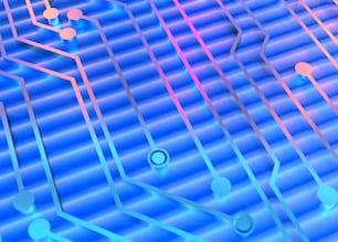 a blue and pink background with circles and lines