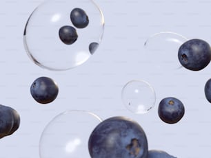 a group of blueberries floating in the air