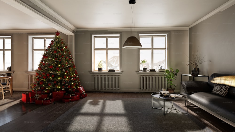 Un salon rempli de meubles et d’un sapin de Noël