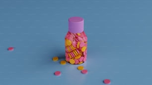 une bouteille rose remplie de beaucoup de confettis roses et jaunes