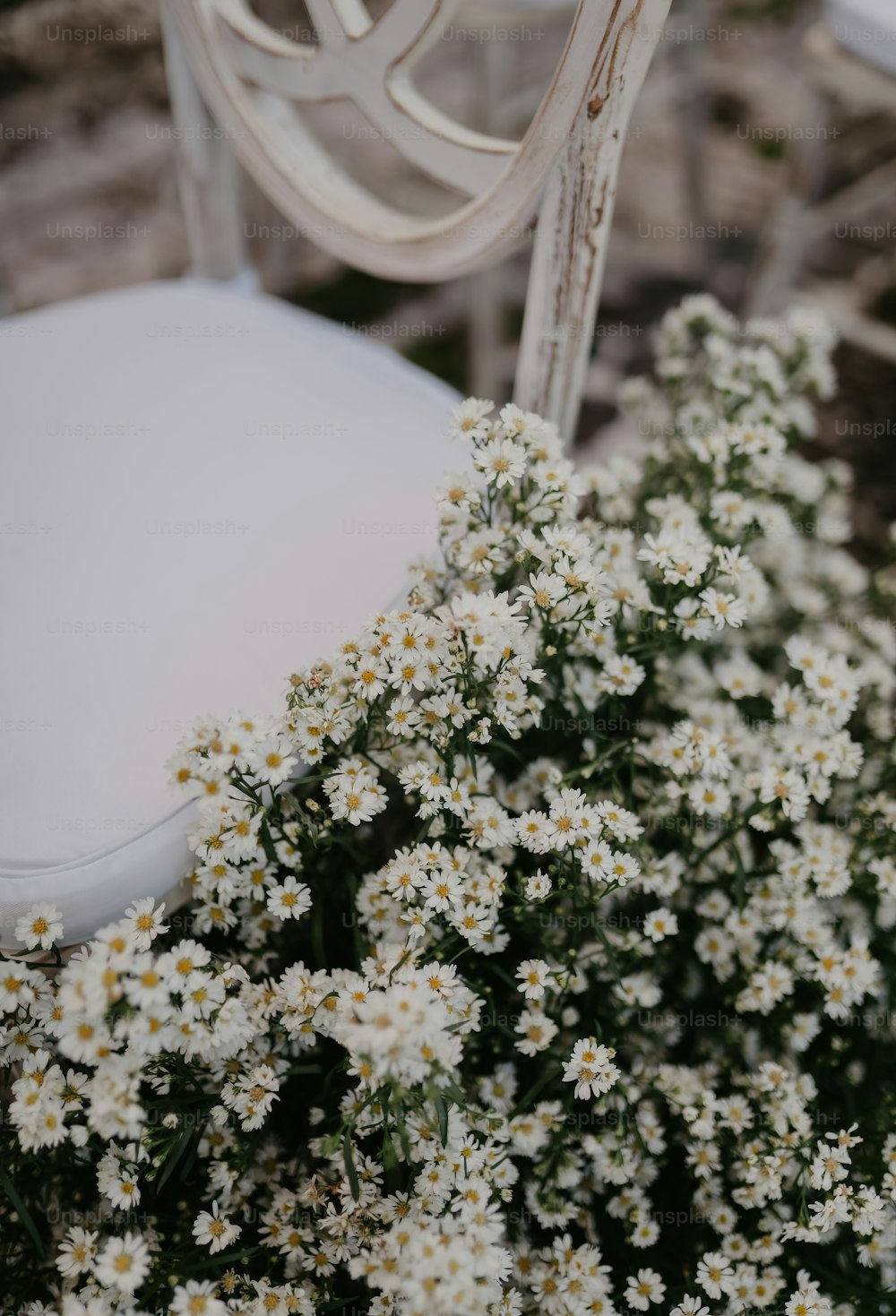 una sedia bianca seduta accanto a un mazzo di fiori bianchi