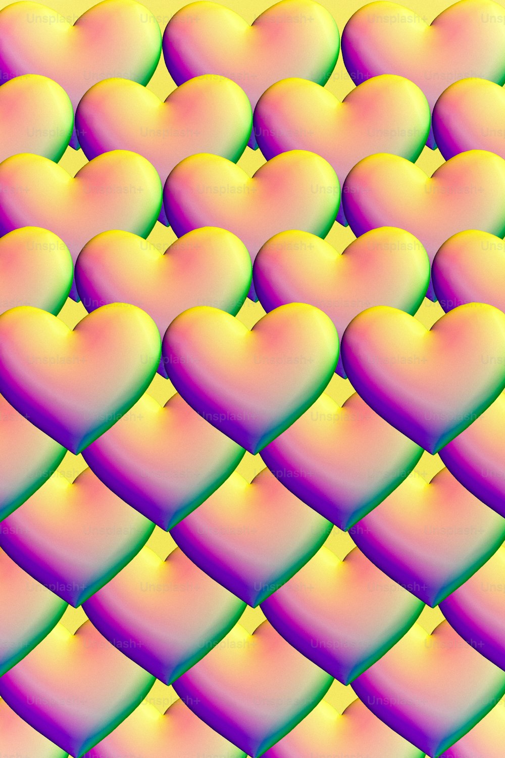 a large group of heart shaped objects on a yellow background