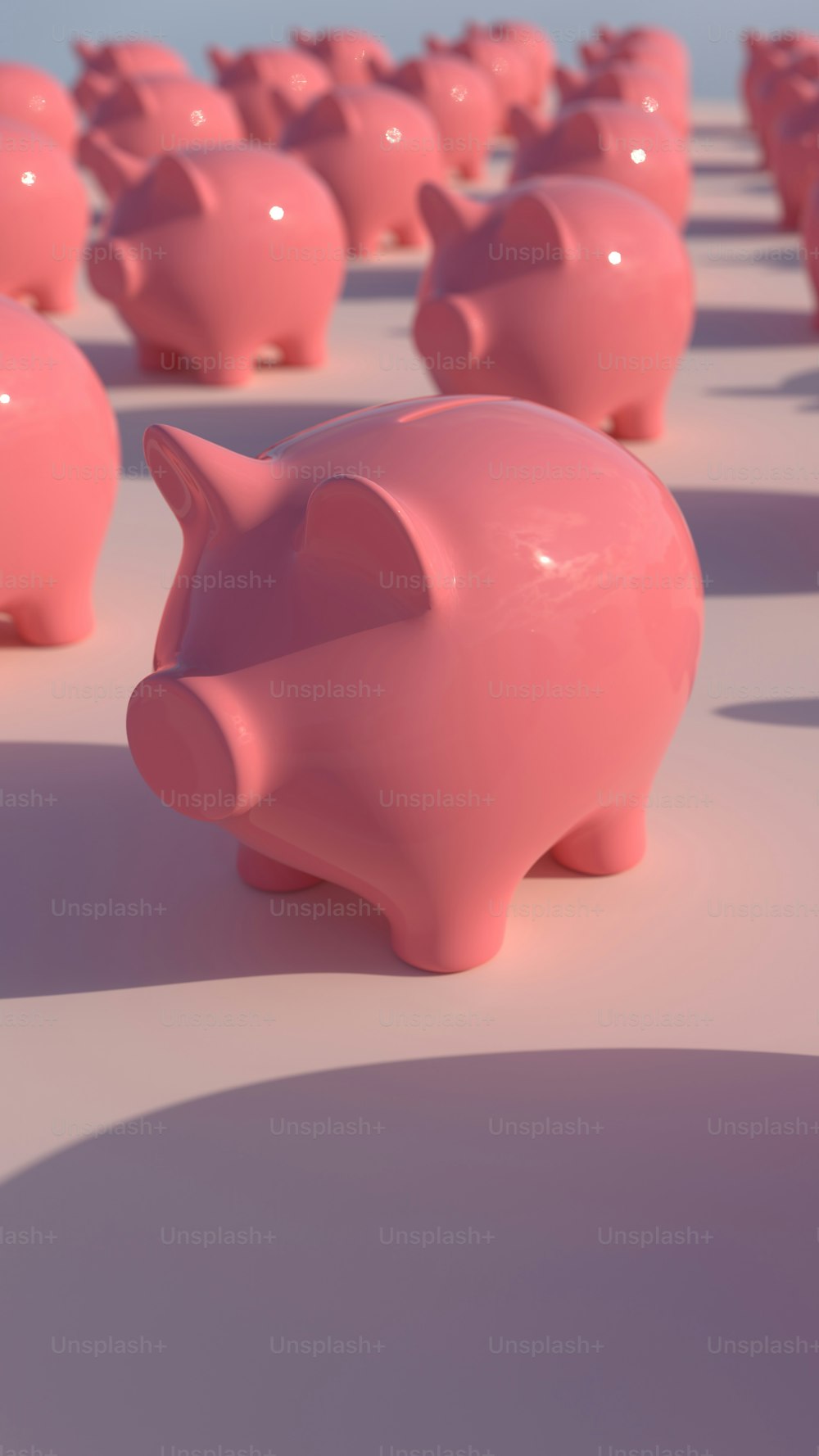 a row of pink piggy banks sitting on top of a white floor