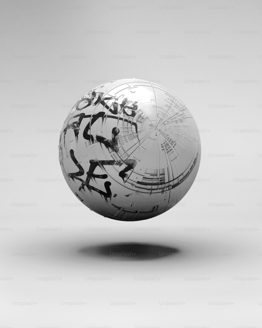 a white ball with writing on it in the air