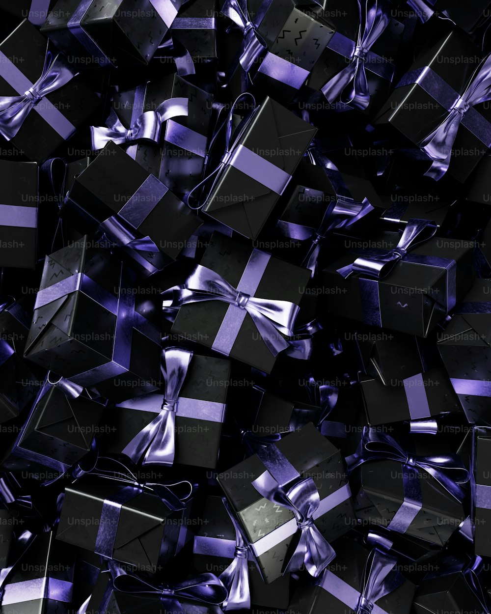 a pile of black and purple wrapped presents
