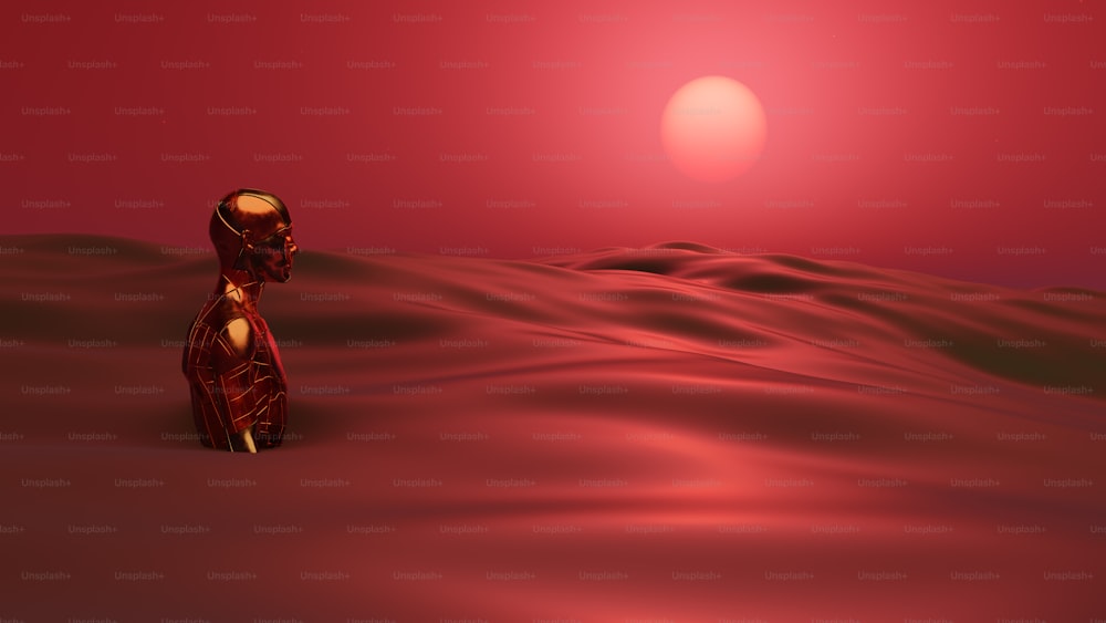 uma imagem estilizada de um robô em pé no deserto