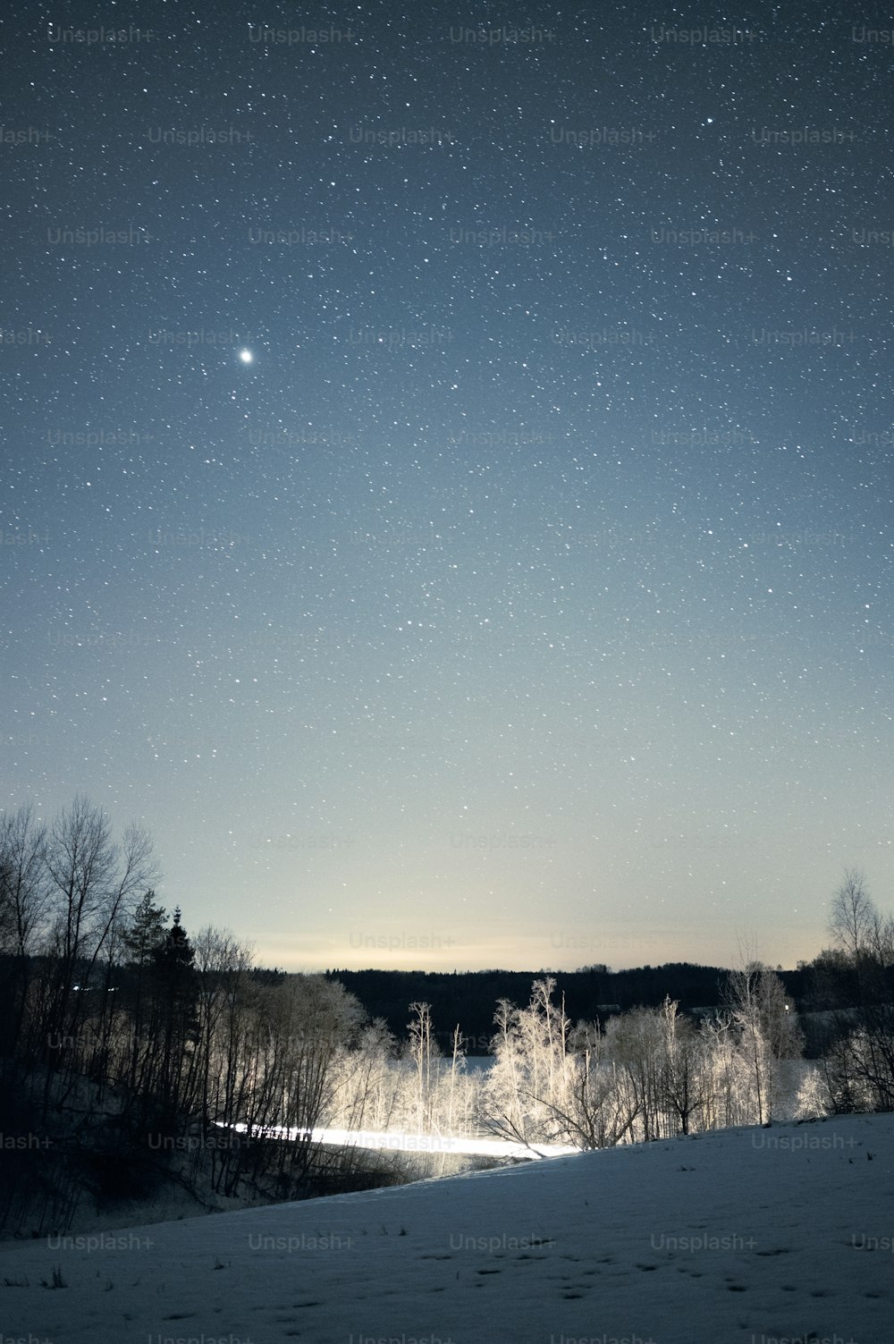 Le ciel nocturne avec des étoiles au-dessus d’un champ enneigé