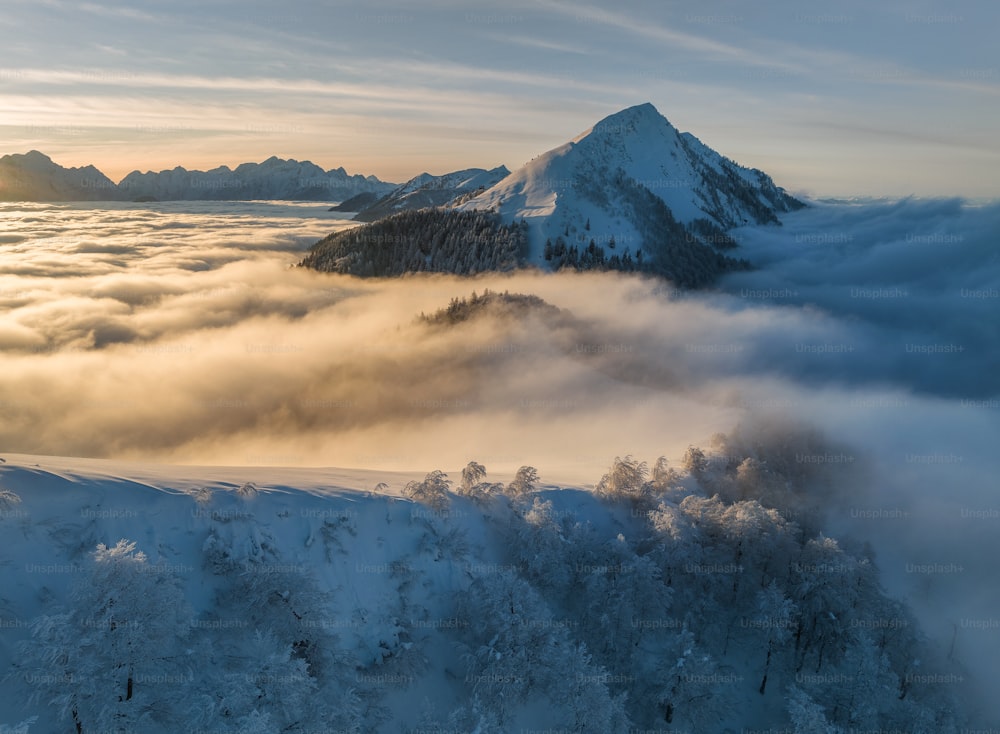 a view of a mountain covered in fog