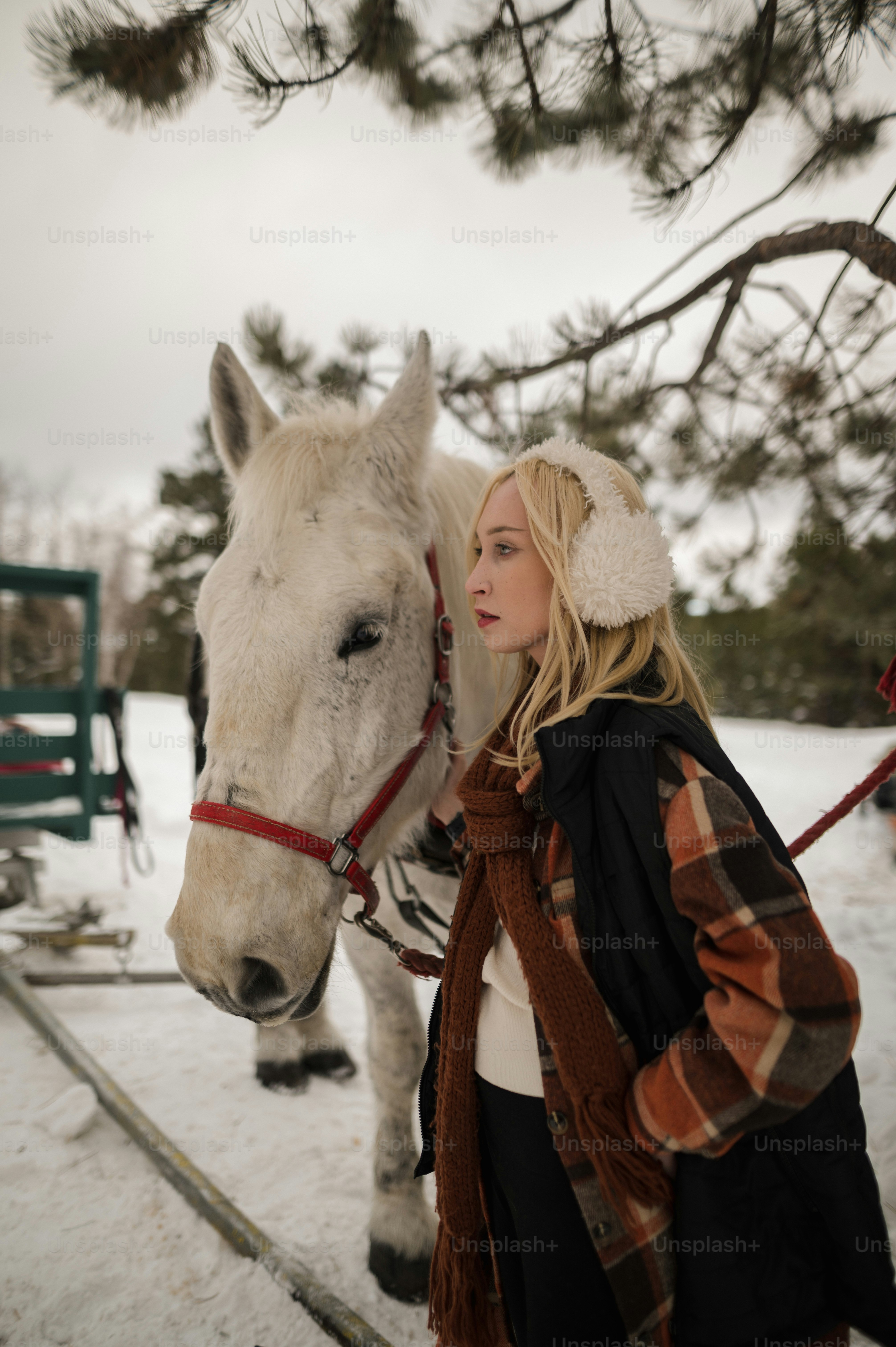 a woman standing next to a white horse