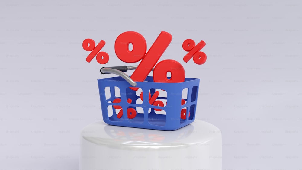 a blue basket with a red percentage sign on top of it