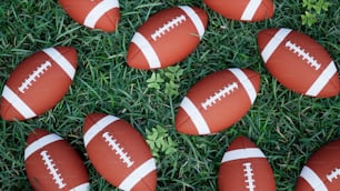 a bunch of footballs laying in the grass