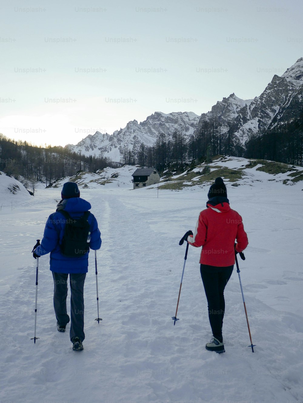 um par de pessoas andando de esqui através do chão coberto de neve