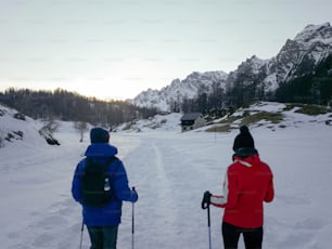눈 덮인 땅을 가로 질러 스키를 타는 두 사람