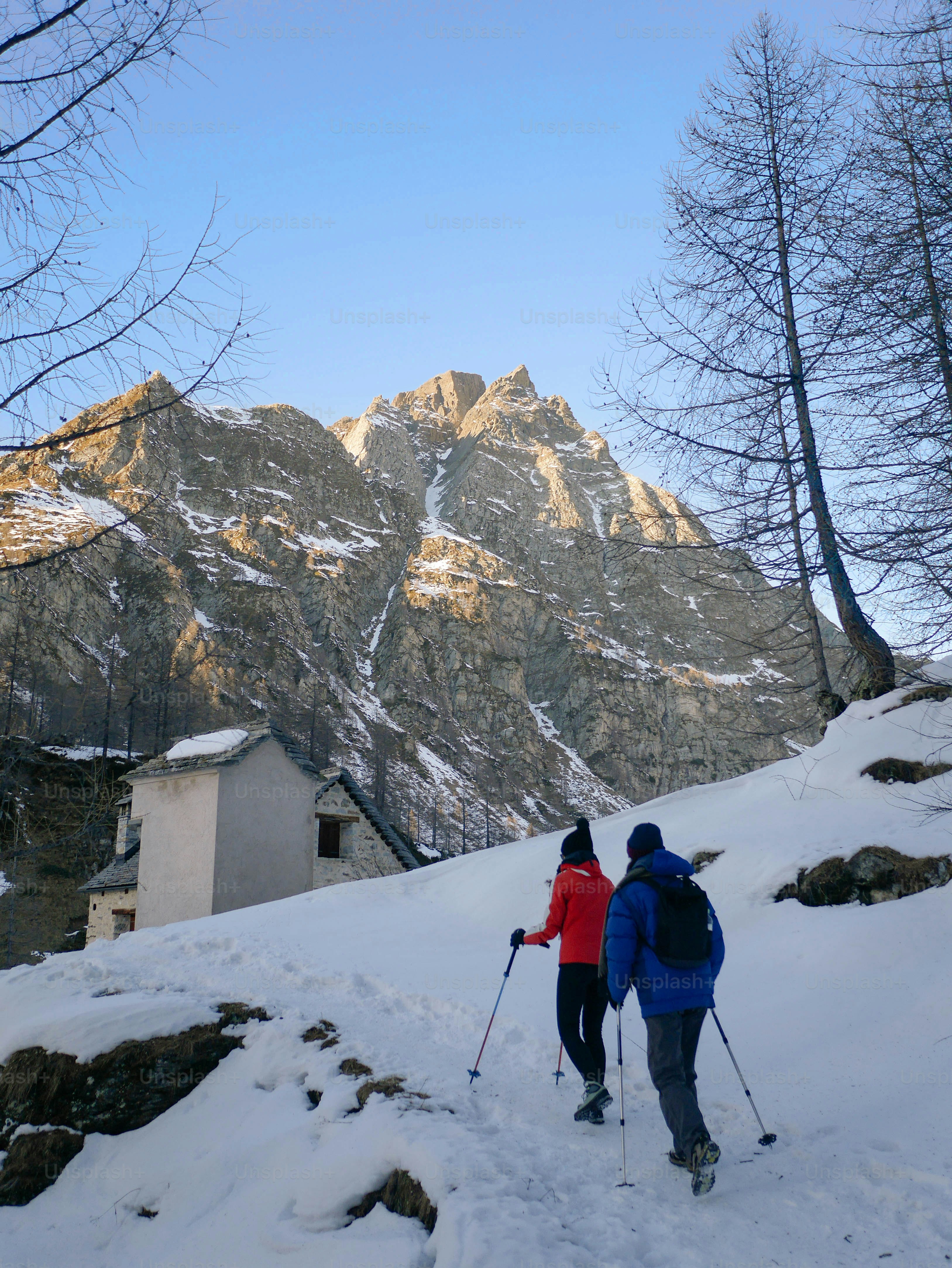 Ein paar Leute fahren Skier einen schneebedeckten Hang hinunter