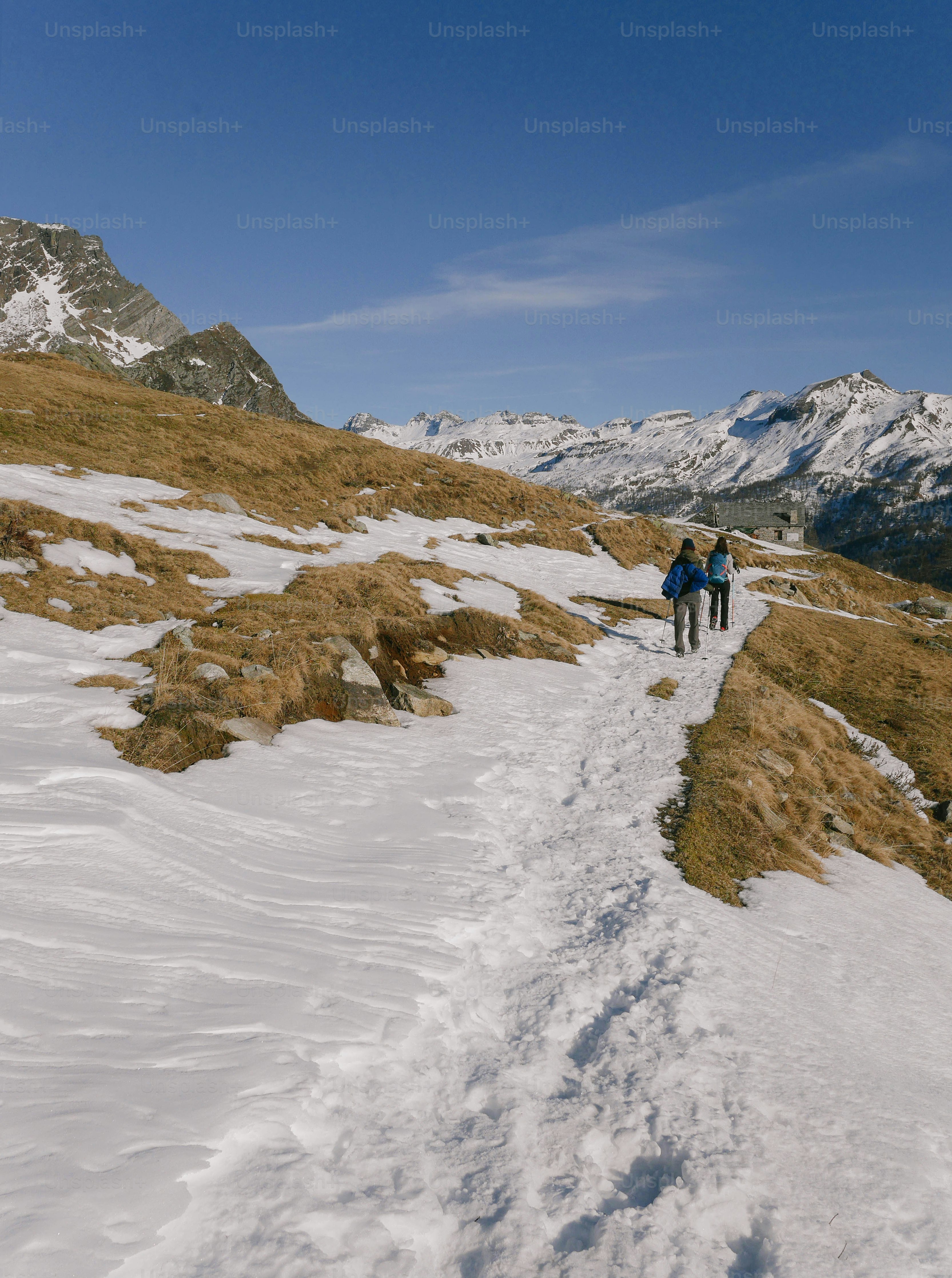 Un par de personas que están caminando en la nieve