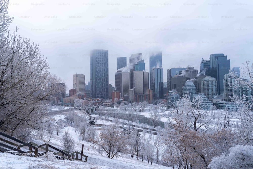 a view of a city in the winter