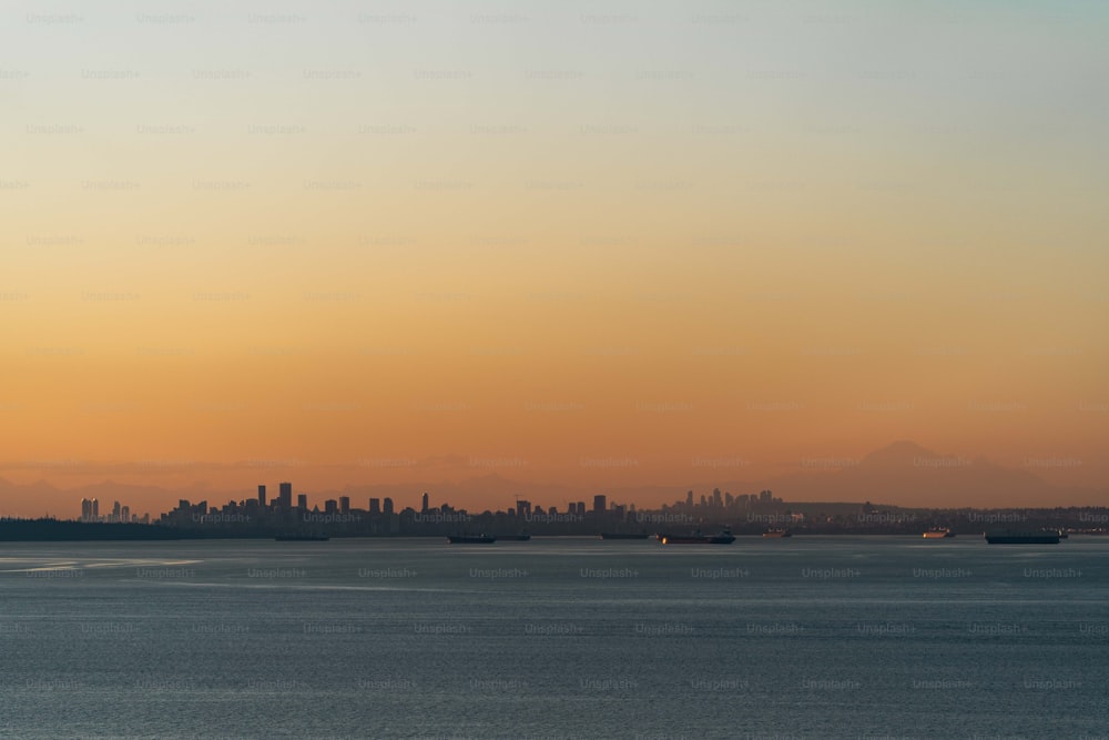 a large body of water with a city in the background