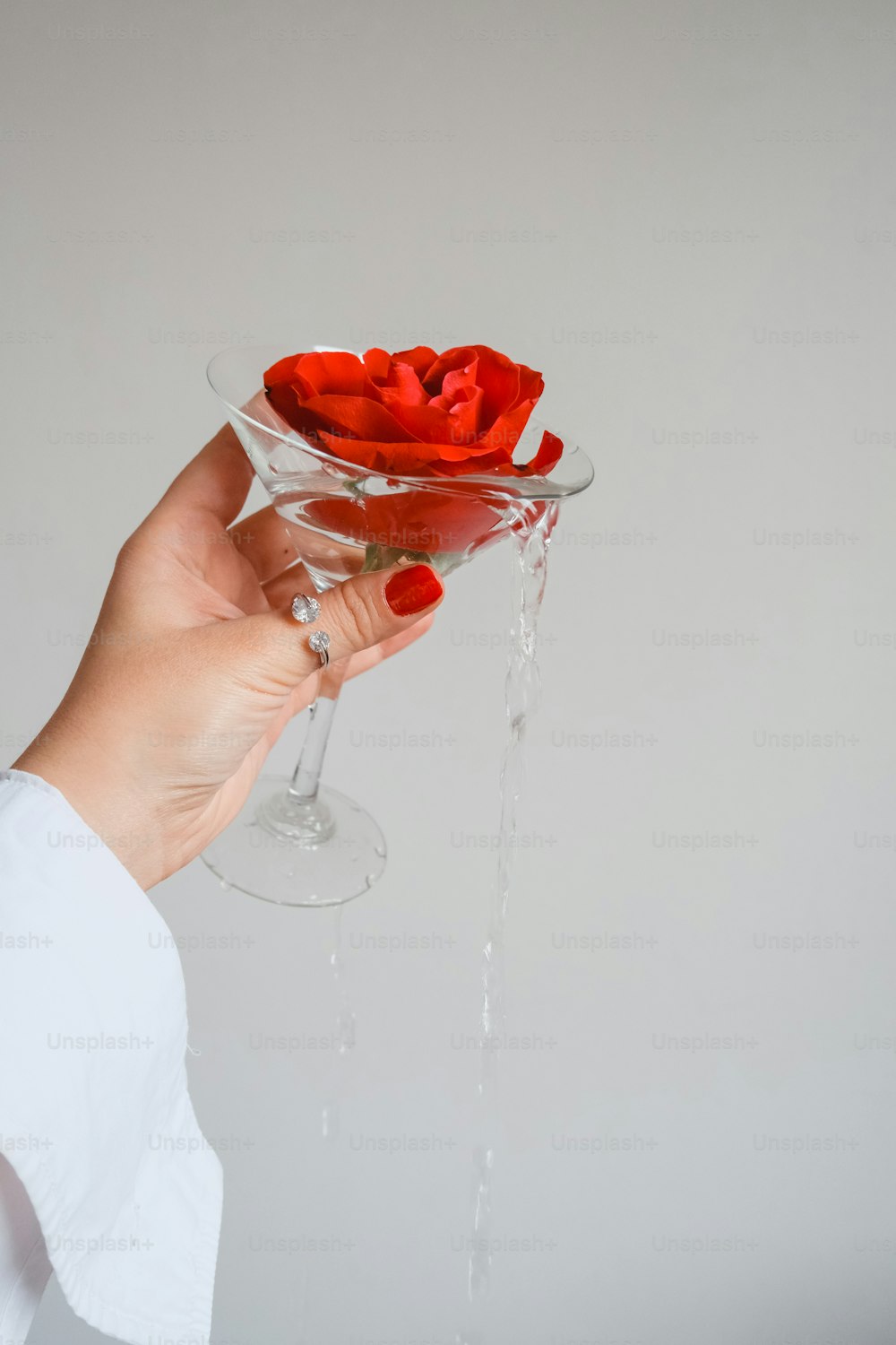 a woman holding a wine glass with a rose in it