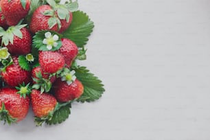 a group of strawberries with leaves and flowers