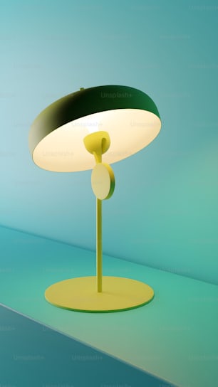 a green and white lamp sitting on top of a table