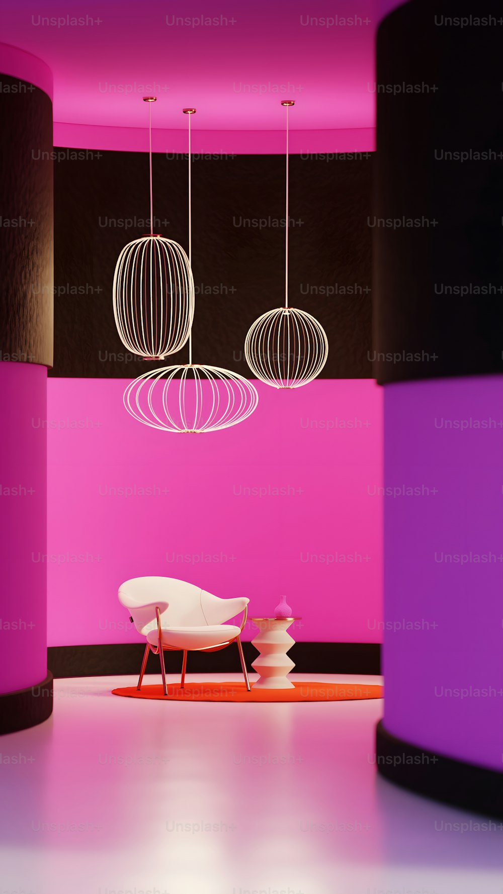 a pink room with a white chair and some lights