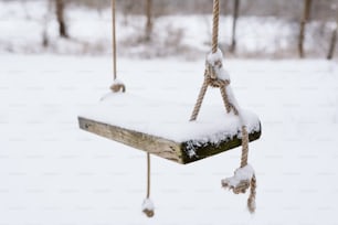 un'altalena di legno coperta di neve appesa a una corda