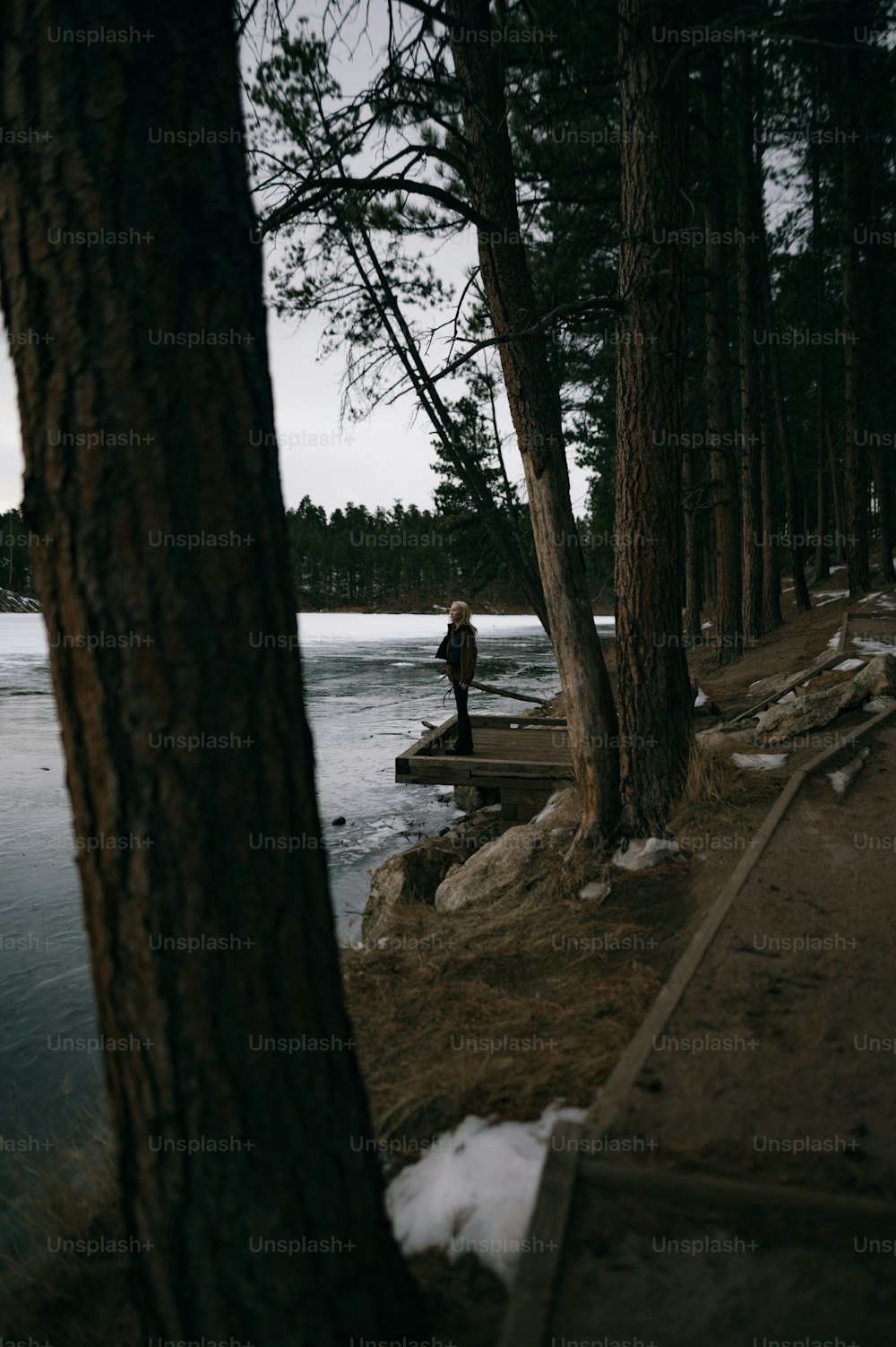 a person standing on a path next to a body of water