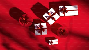 a red background with white boxes and bows