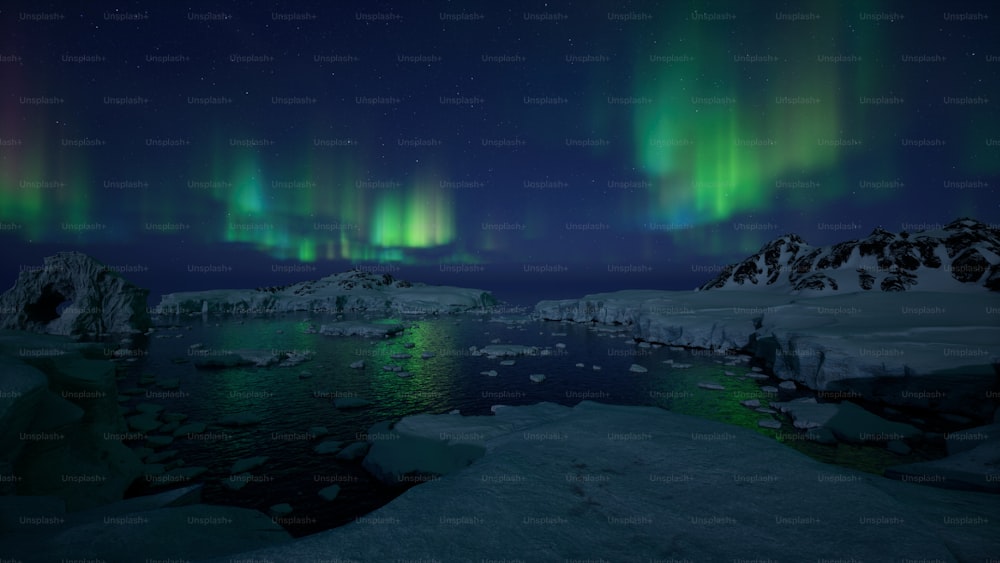 Las luces de la aurora brillan intensamente sobre un lago congelado