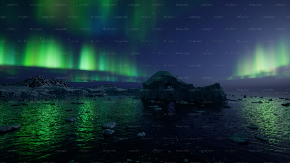 緑色のライトがたくさんある海の真ん中にある氷山