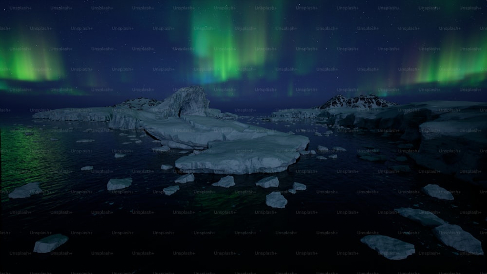 um iceberg flutuando na água com muitas luzes verdes e roxas acima