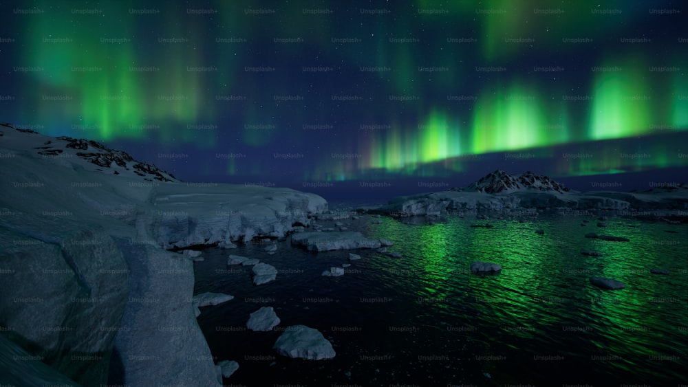 a green and purple aurora bore over a body of water