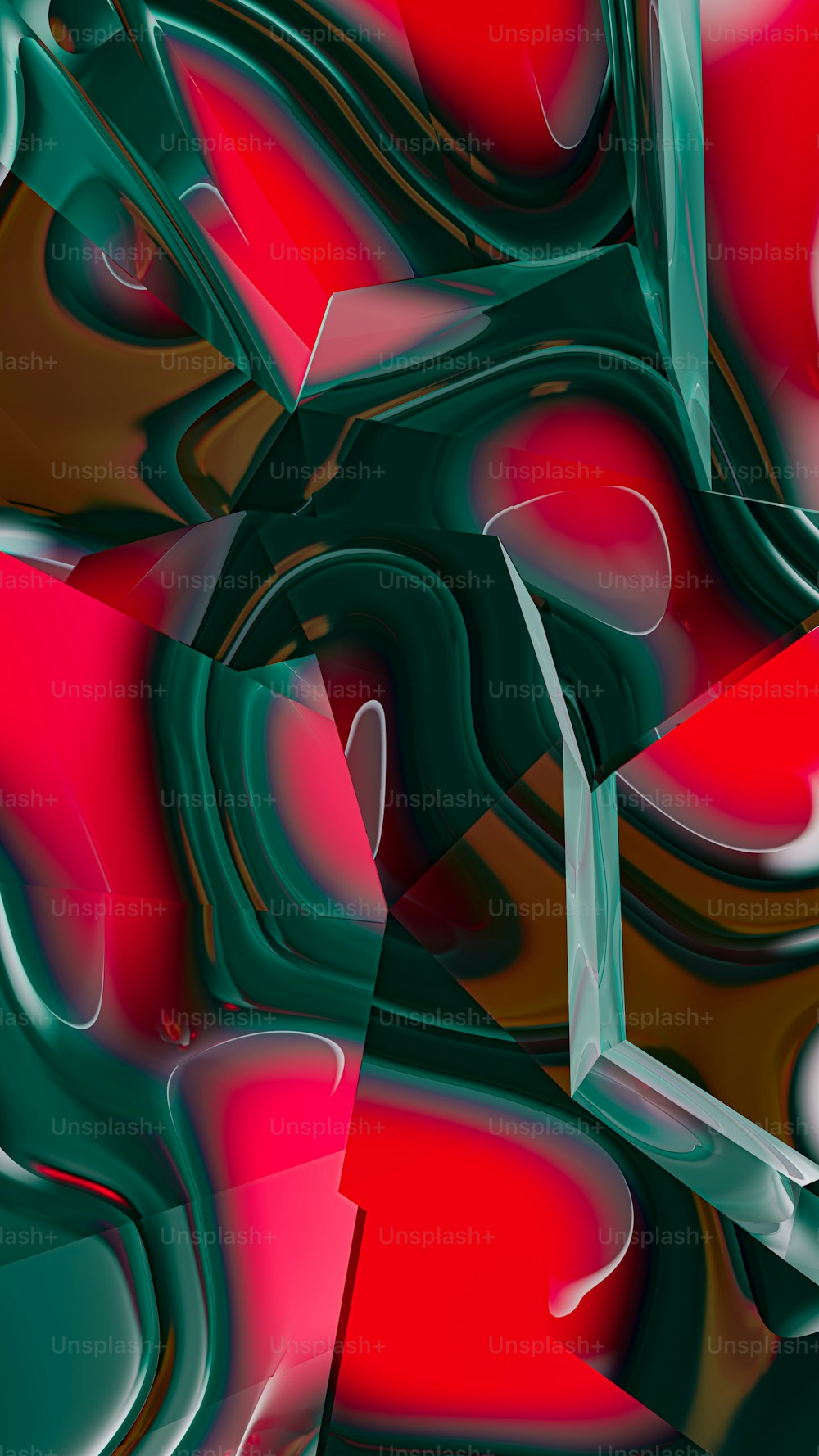 a red and green abstract design with a black background