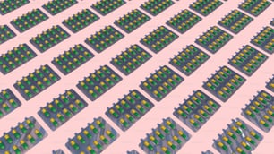 Muchas filas de botones verdes y amarillos sobre un fondo rosa