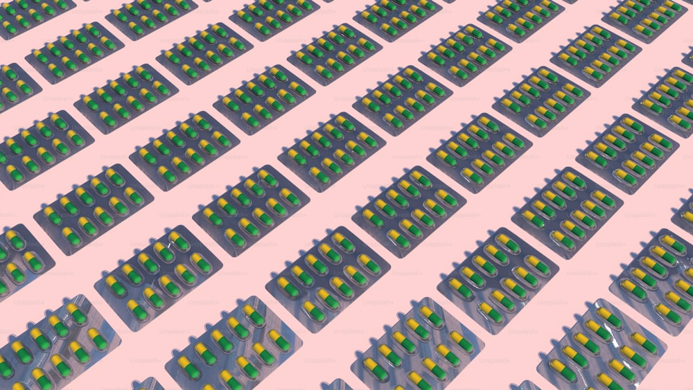 many rows of green and yellow buttons on a pink background