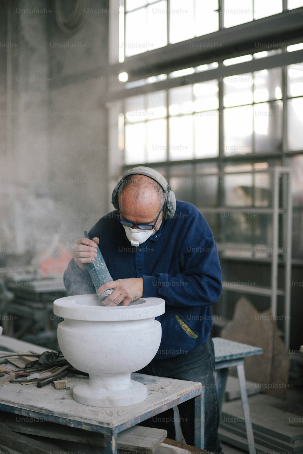 a man working on a large white bowl
