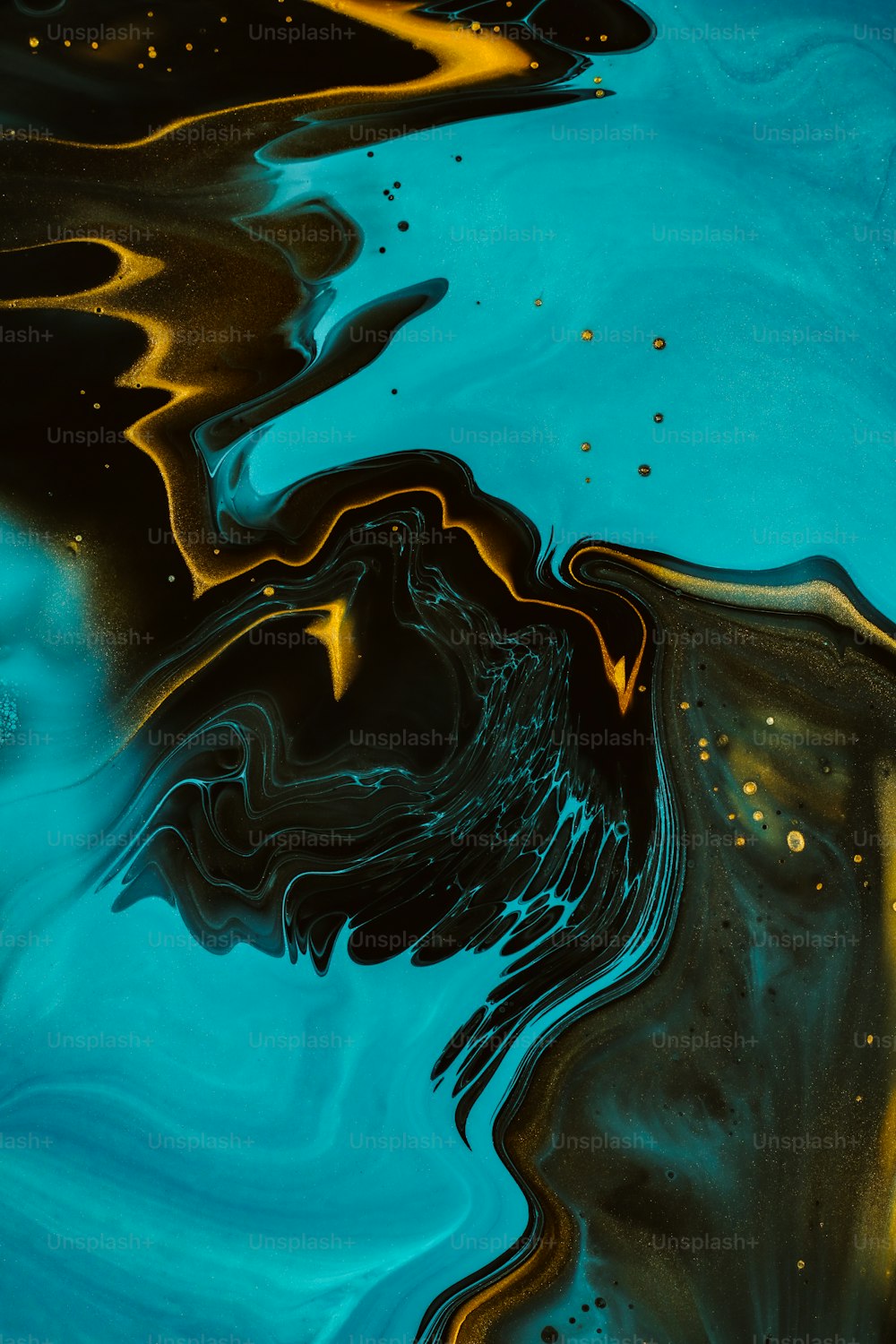 a blue and black liquid painting with gold highlights