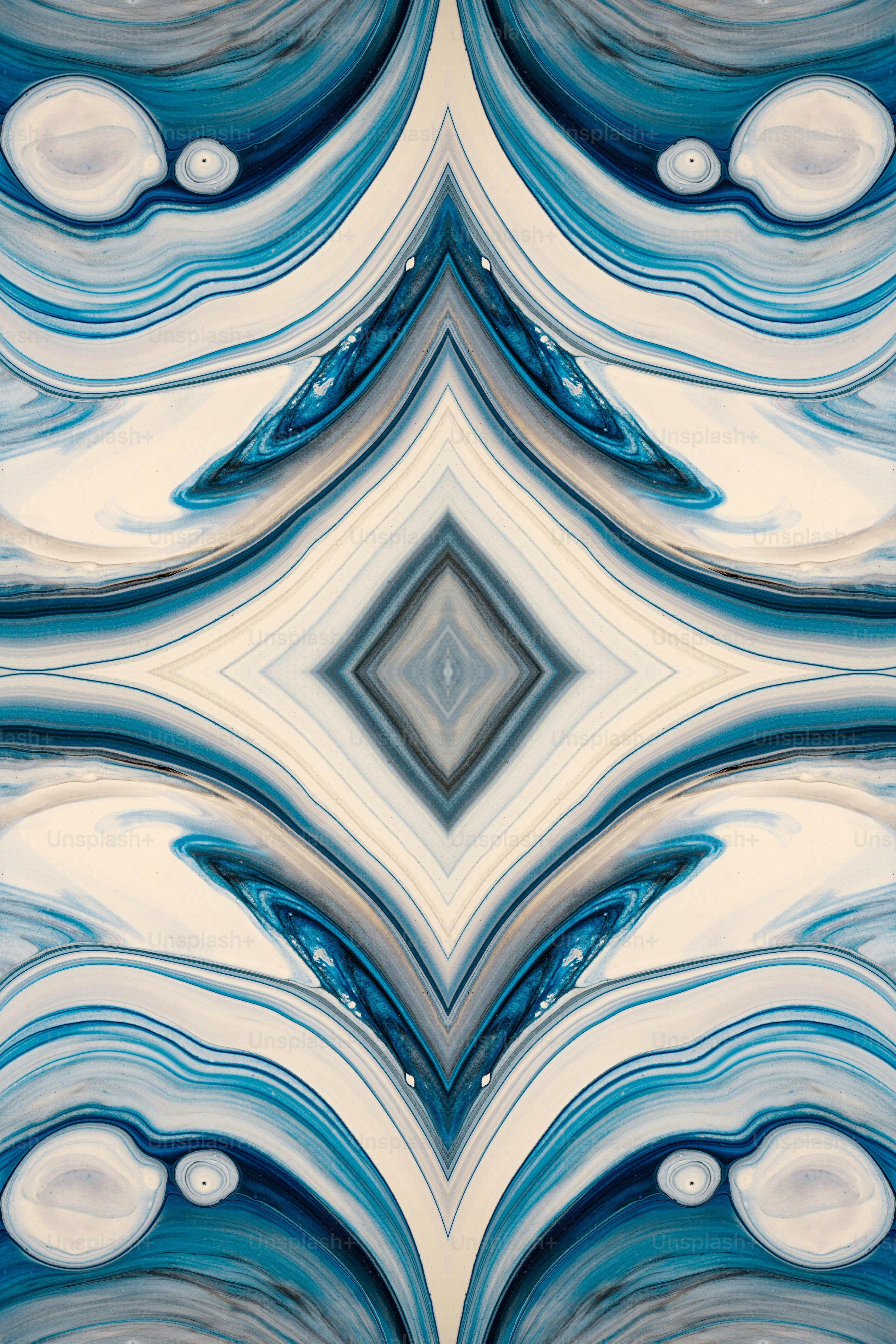 a blue and white abstract design with a diamond in the center