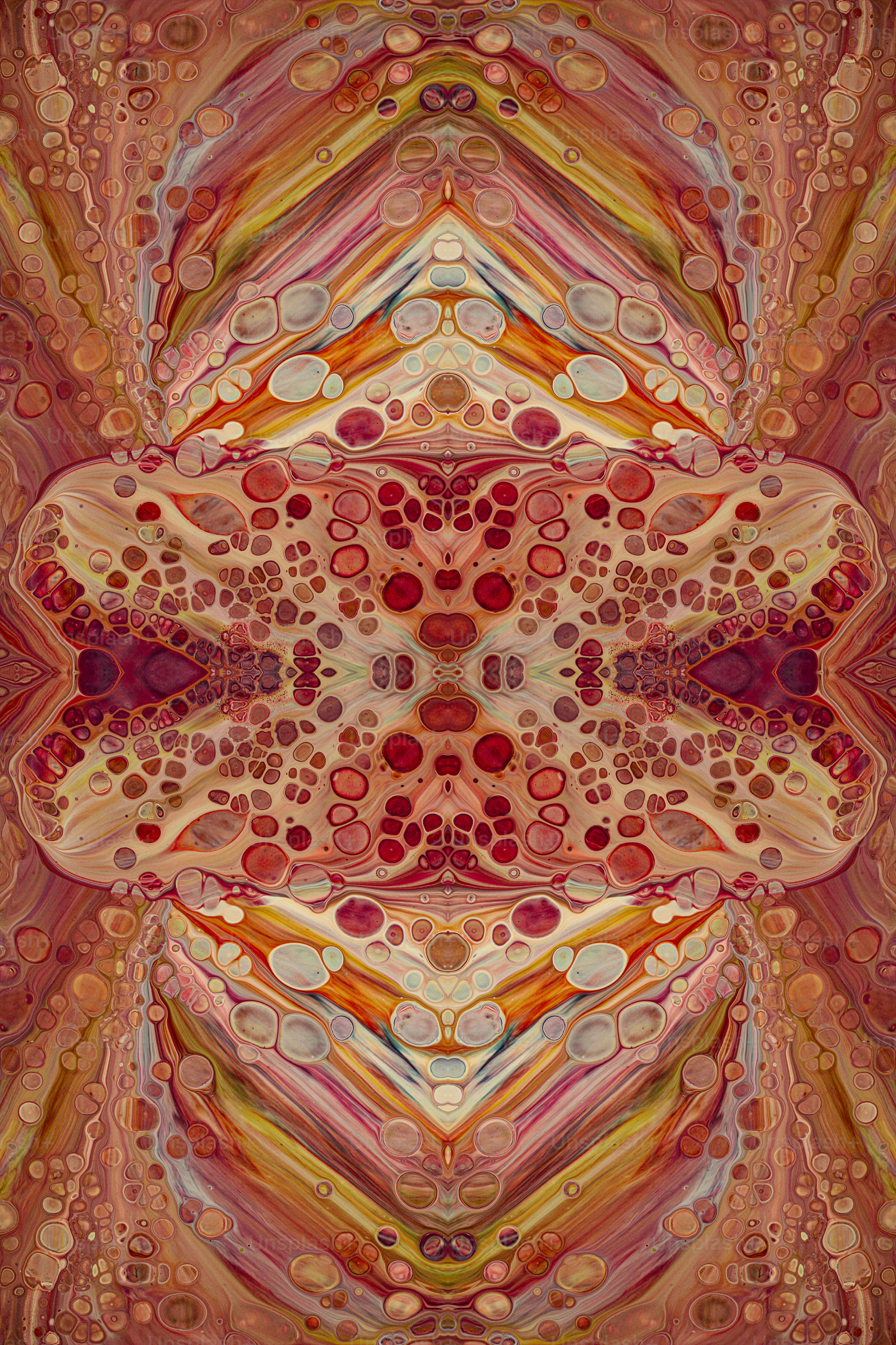 an abstract painting with a red, yellow, and orange design