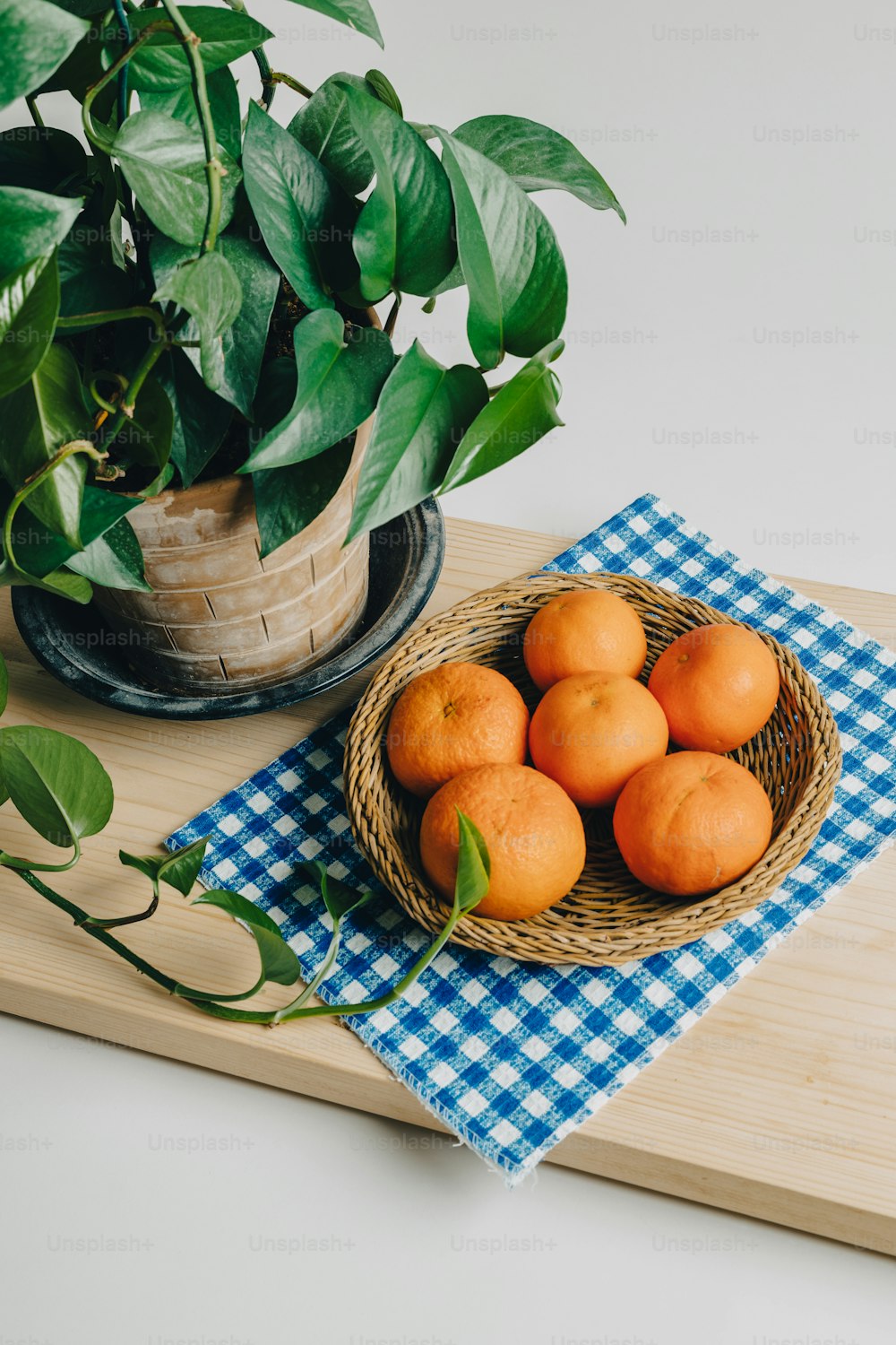 uma cesta de laranjas sentada em uma mesa ao lado de um vaso de planta