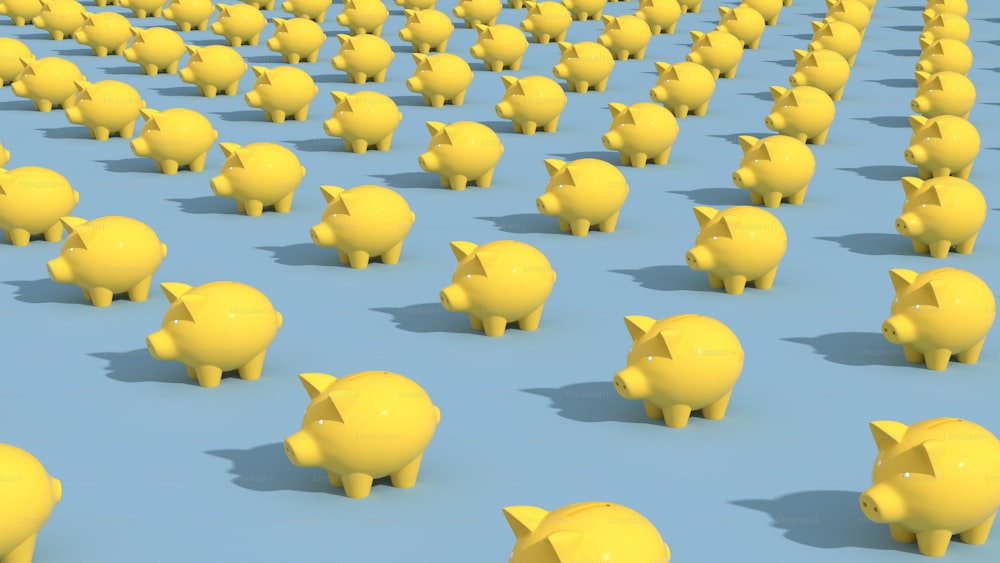 a large group of yellow piggy banks