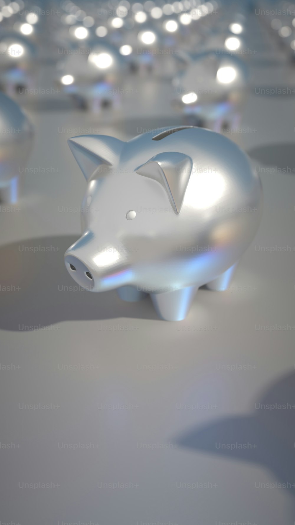 a piggy bank sitting in front of a group of other piggy banks