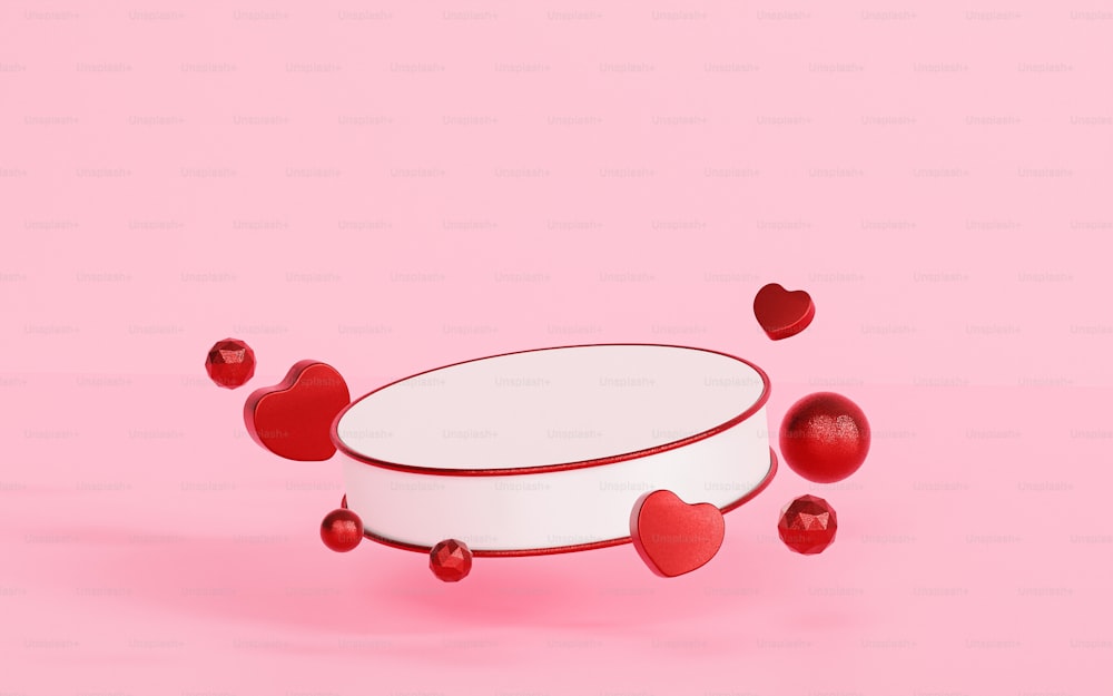 a white box with red hearts on a pink background