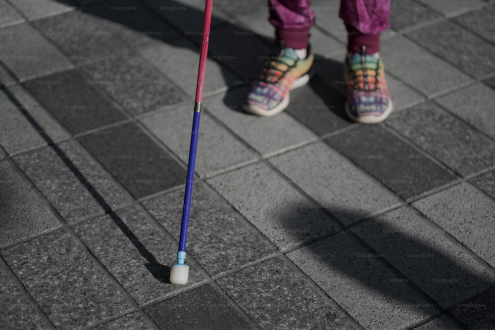 a person standing on a sidewalk with a walking stick