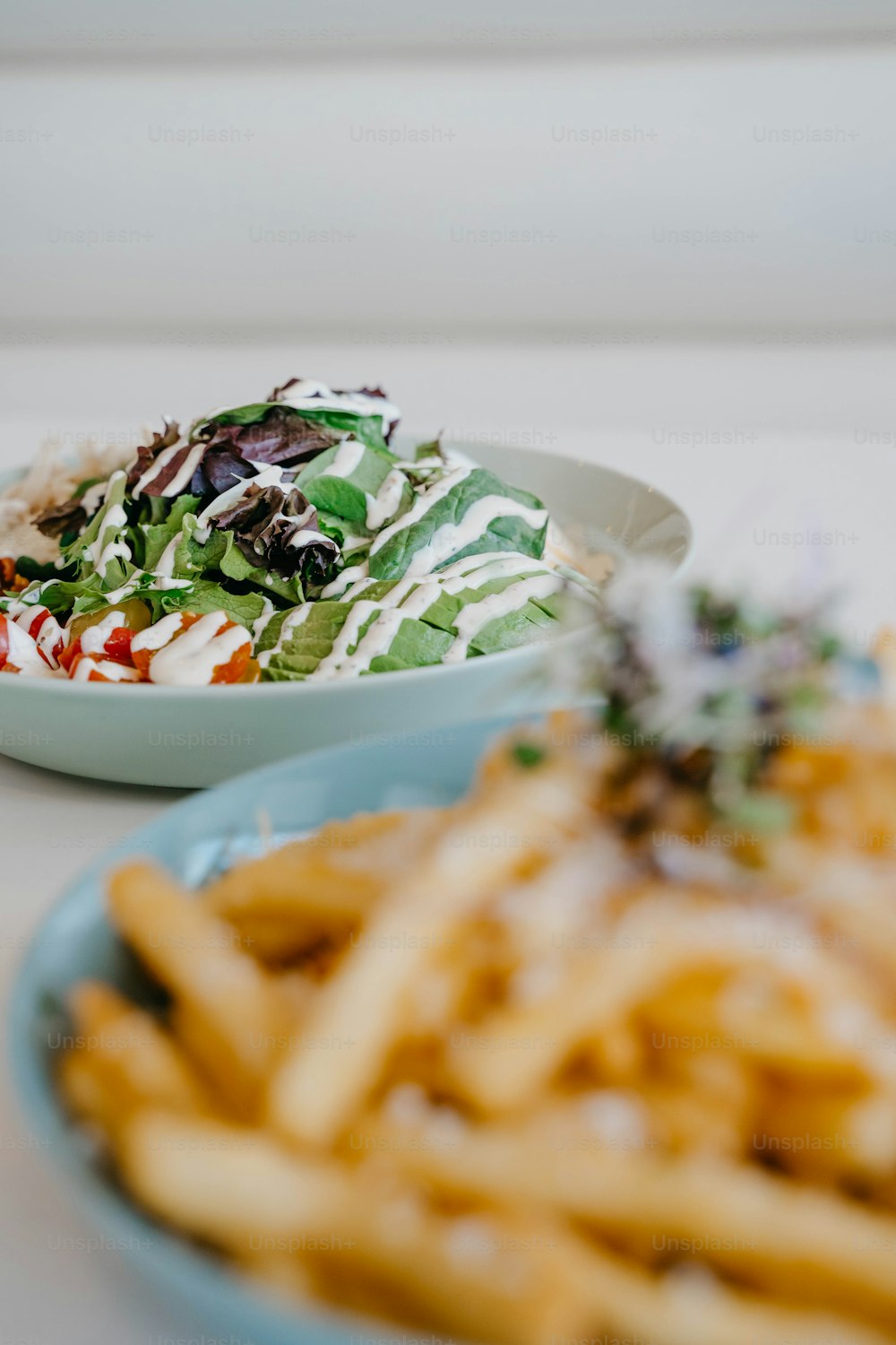 a plate of fries and a bowl of salad