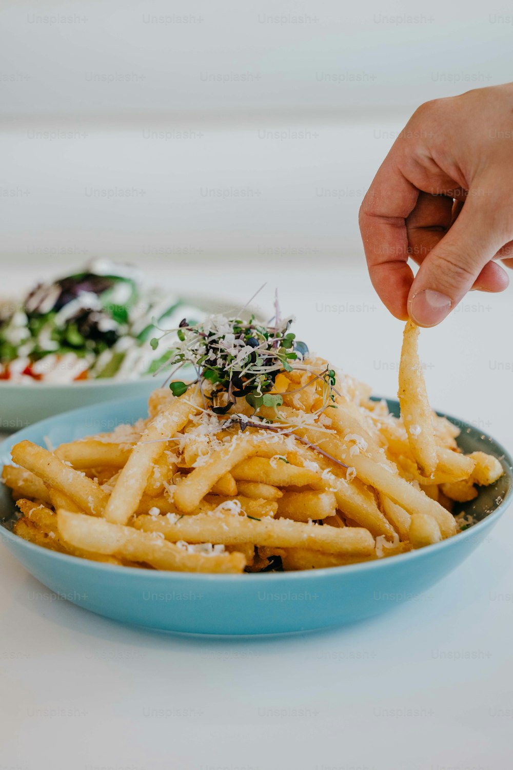 a bowl of french fries with parmesan cheese on top