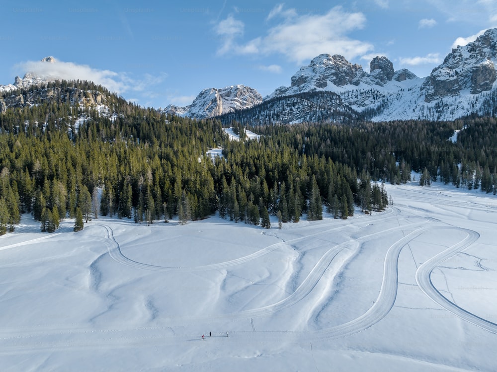 a snow covered ski slope with trees and mountains in the background