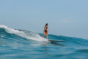 a woman riding a wave on top of a surfboard